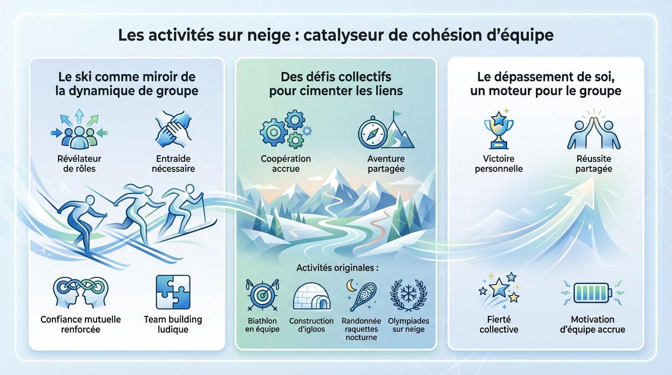 Équipe célébrant une réussite collective lors d'un séminaire au ski