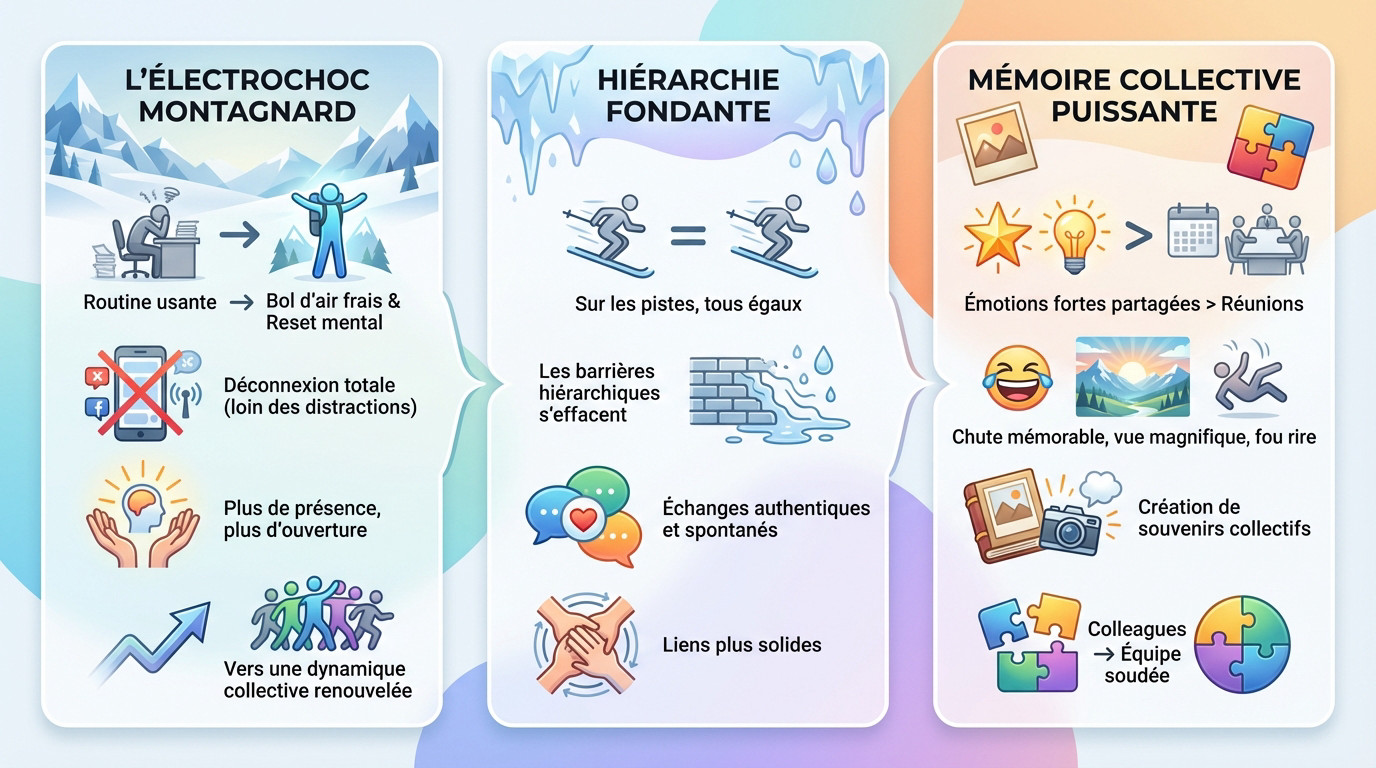 Collaborateurs profitant d'un séminaire au ski pour renforcer la cohésion d'équipe