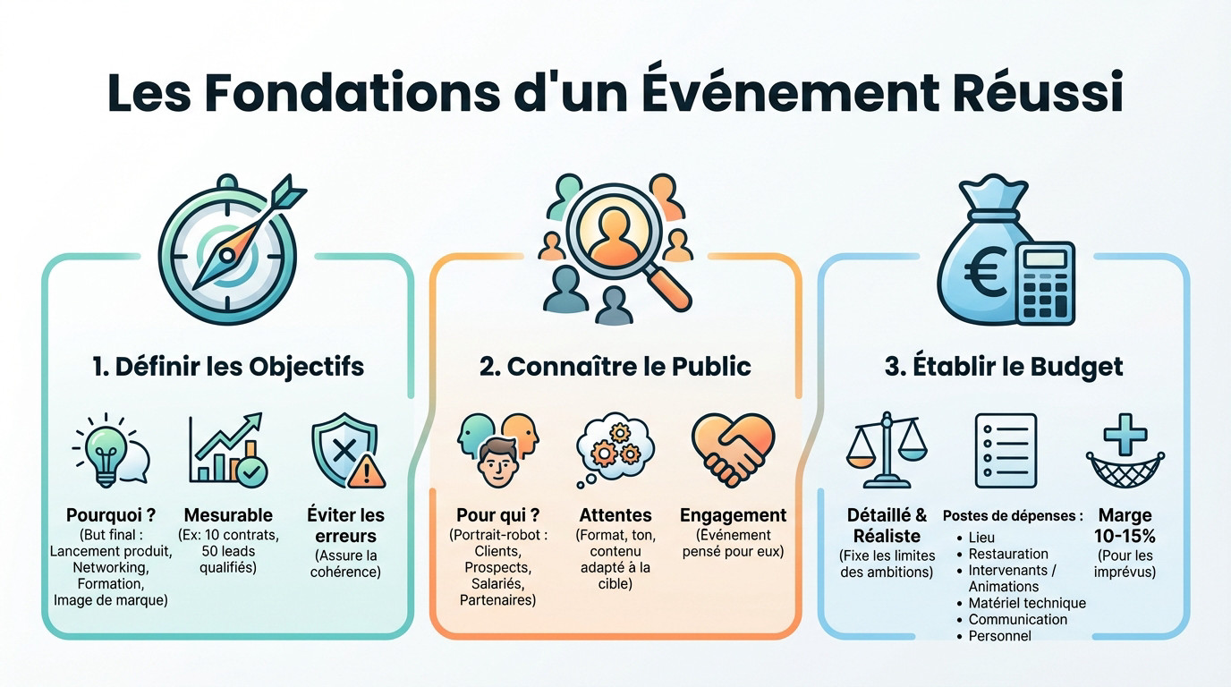 Réunion stratégique pour définir les objectifs et le budget d'un événement professionnel