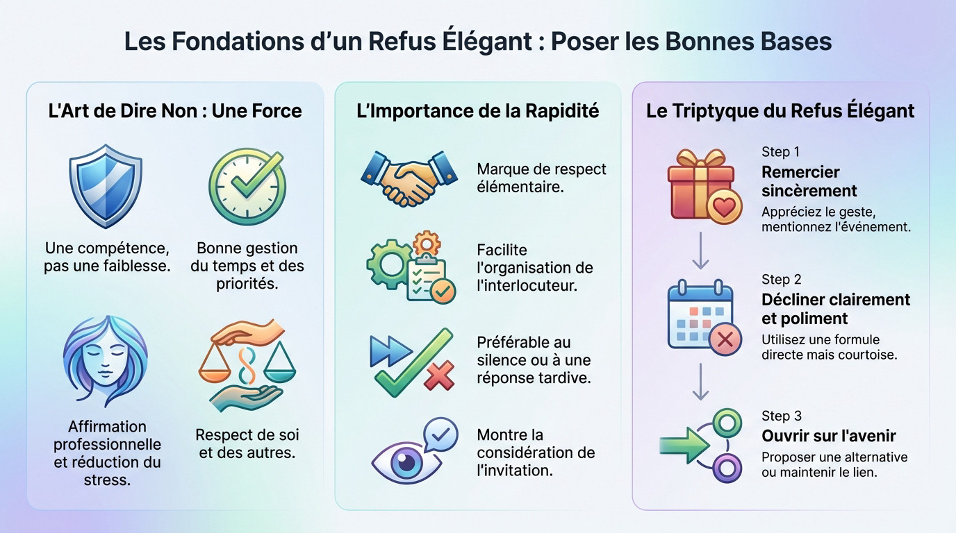 Professionnel refusant une invitation avec élégance sur son smartphone