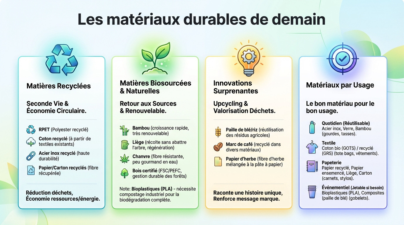 Sélection de matériaux écologiques pour objets publicitaires : bois, liège et plastique recyclé