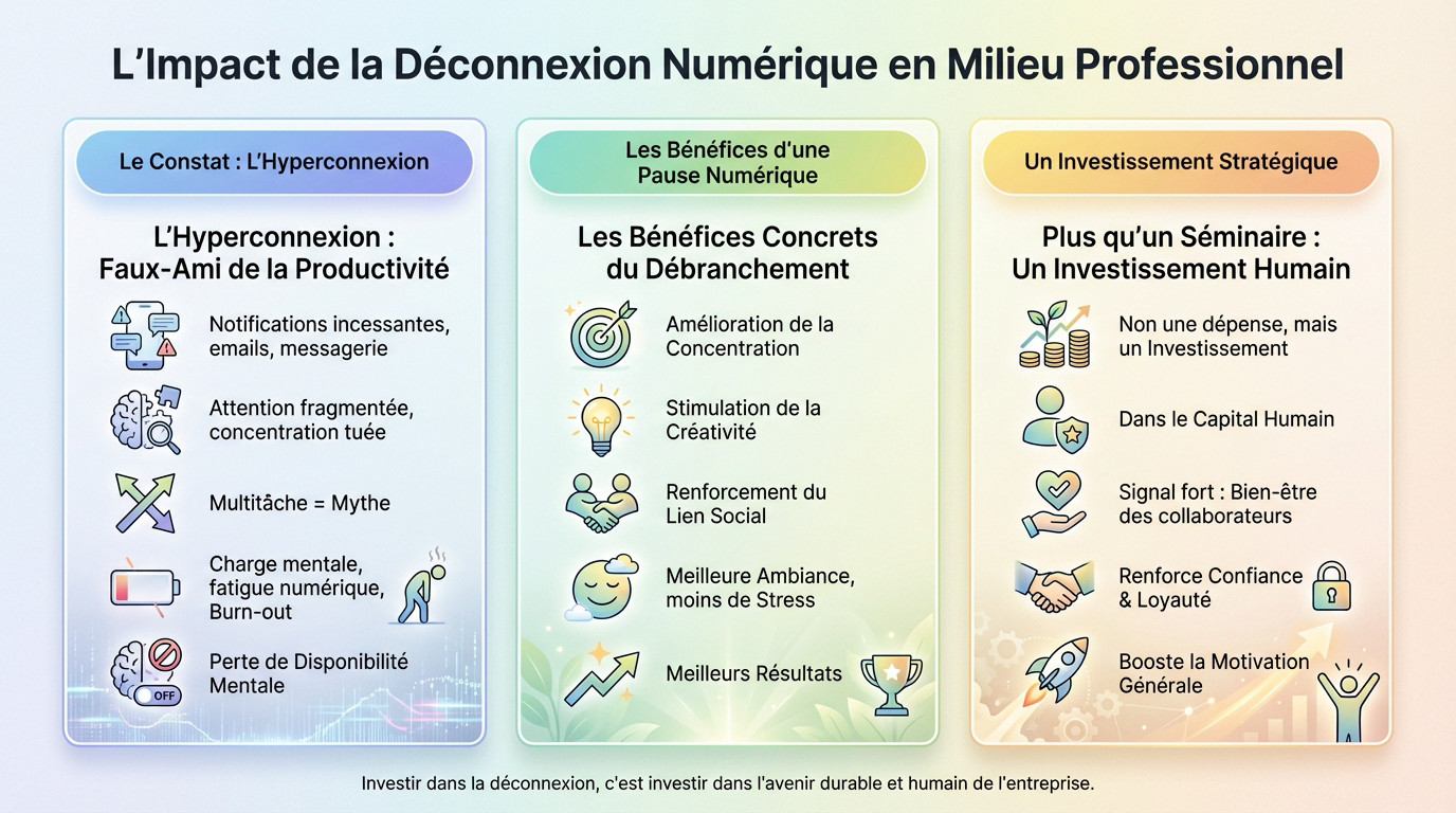 Groupe de collègues échangeant lors d'un séminaire de déconnexion numérique en extérieur