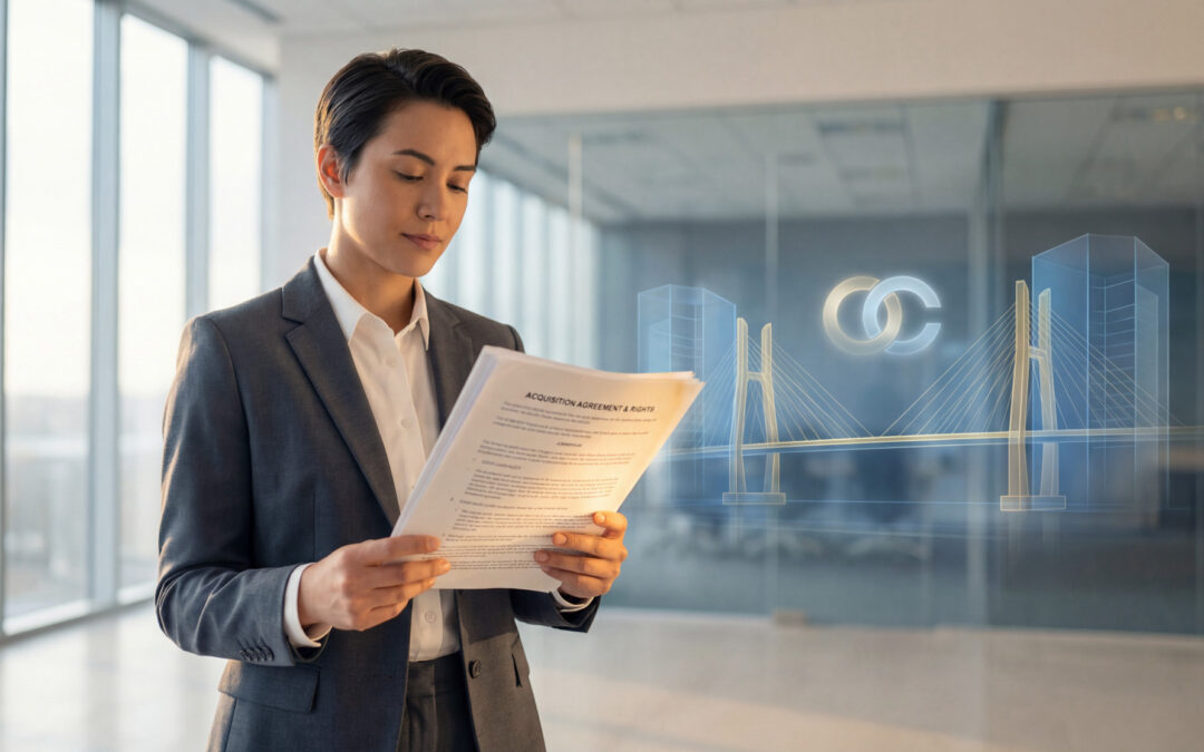 Professionnelle lisant un accord d'acquisition et des droits, avec des graphiques de pont et de logos en arrière-plan, symbolisant le transfert de contrat.