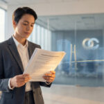 Professionnelle lisant un accord d'acquisition et des droits, avec des graphiques de pont et de logos en arrière-plan, symbolisant le transfert de contrat.