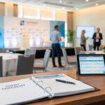 Checklist complète pour ne rien oublier avant un événement pro Close-up of an event checklist, tablet with timetable, and laptop on a table. Blurred team members prepare a conference stage in the background.