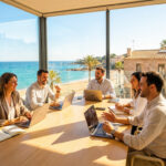Team meeting in a bright, modern conference room with floor-to-ceiling windows showing a beautiful coastal landscape.