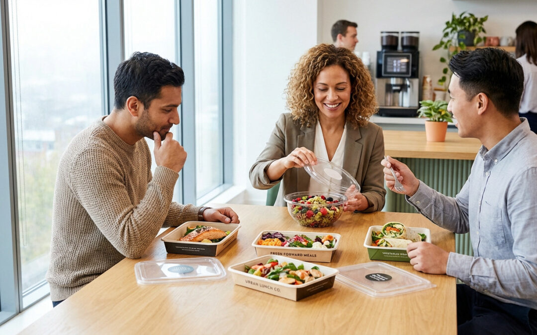 Diverse colleagues enjoy fresh, packaged corporate meals in a bright, modern office break room. One opens a salad, another looks at salmon.