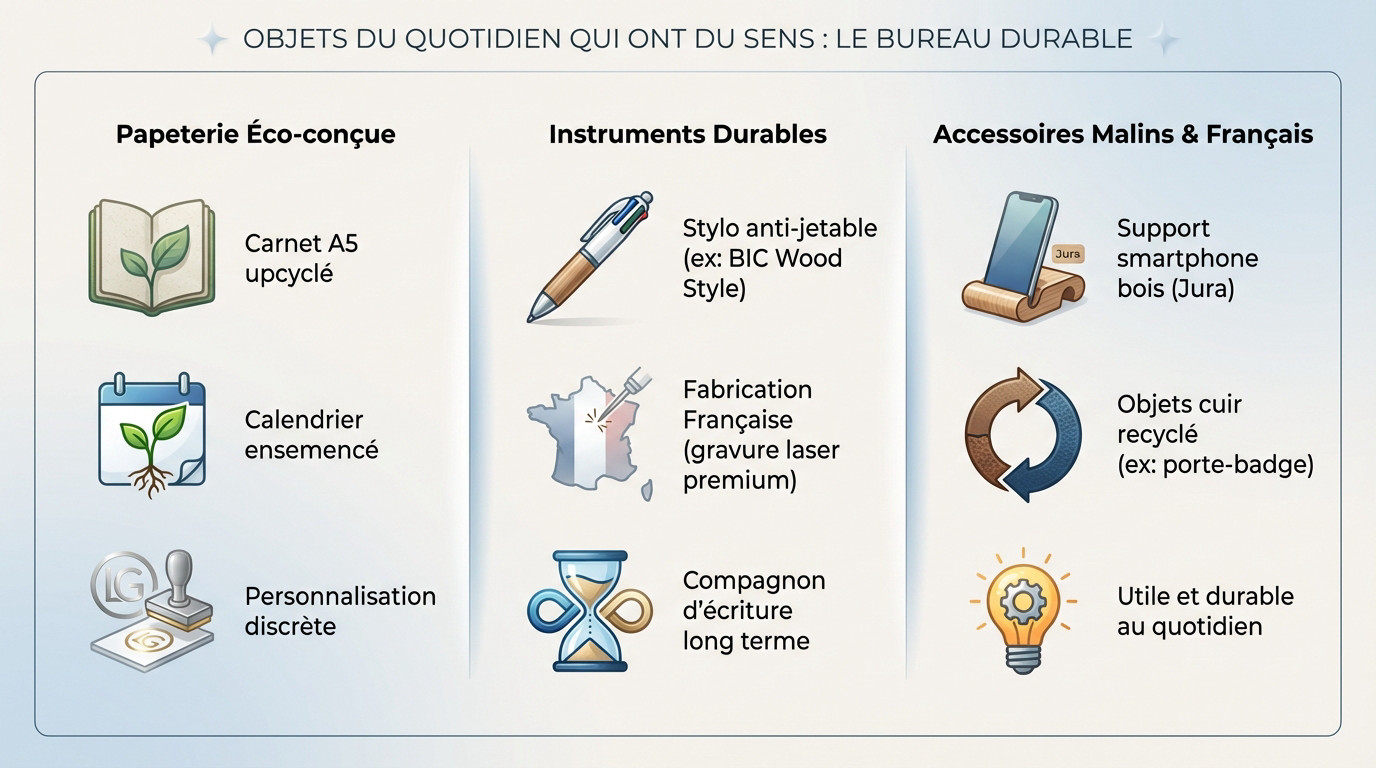 Accessoires de bureau éco-responsables et made in France : carnet upcyclé et stylo durable