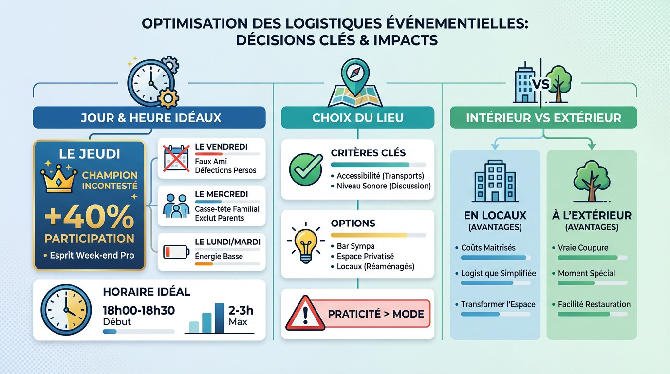 Graphique illustrant l'impact des décisions logistiques sur la réussite d'un afterwork
