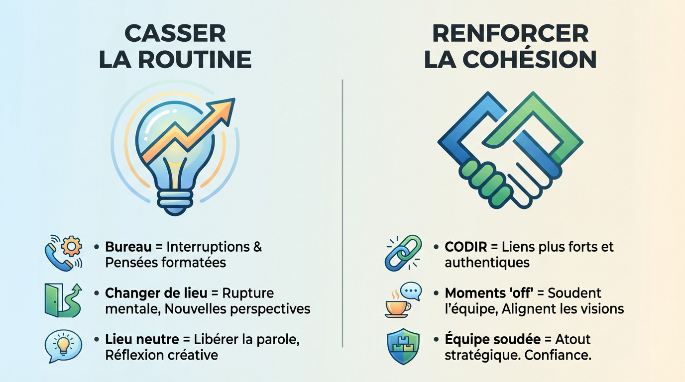 Groupe de direction en réunion stratégique dans un lieu isolé et lumineux