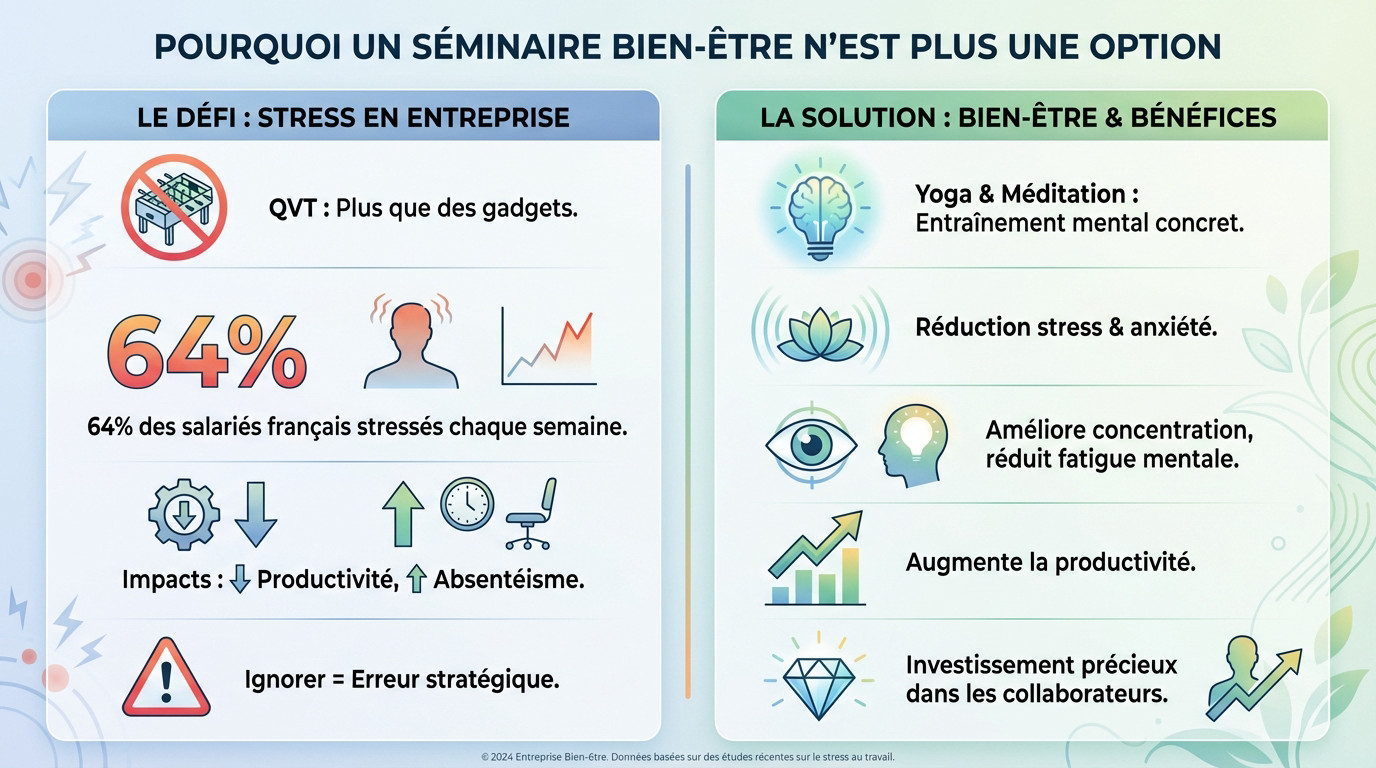 Employés pratiquant le yoga sur chaise lors d'un séminaire d'entreprise pour réduire le stress