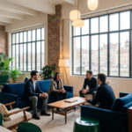 Four professionals discuss in a sunlit, modern Lyon loft with large industrial windows, brick walls, stylish furniture, and green plants.