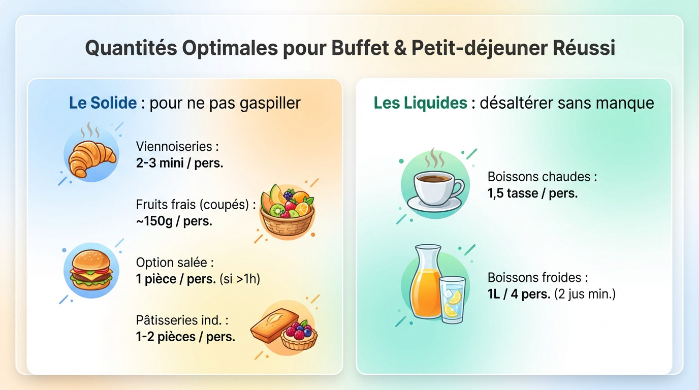 Table de petit-déjeuner d'entreprise bien garnie avec assortiment de mini-viennoiseries et jus de fruits