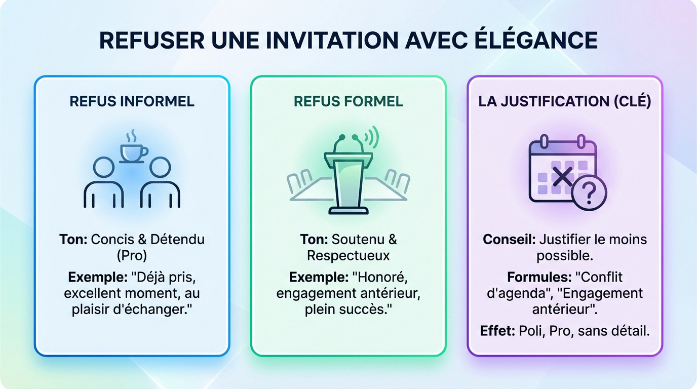 Homme d'affaires refusant poliment une invitation professionnelle avec élégance