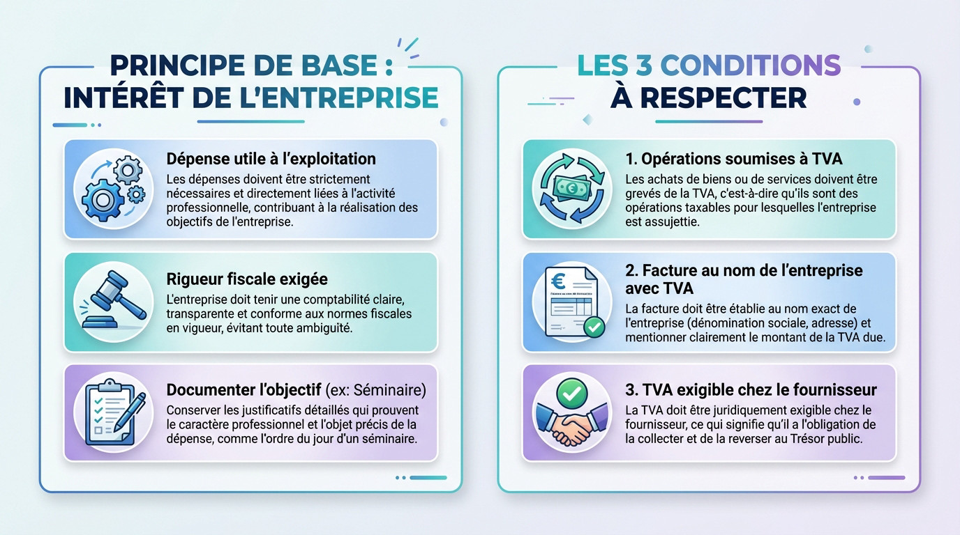 Schéma résumant les conditions de déductibilité de la TVA pour les séminaires et réceptions