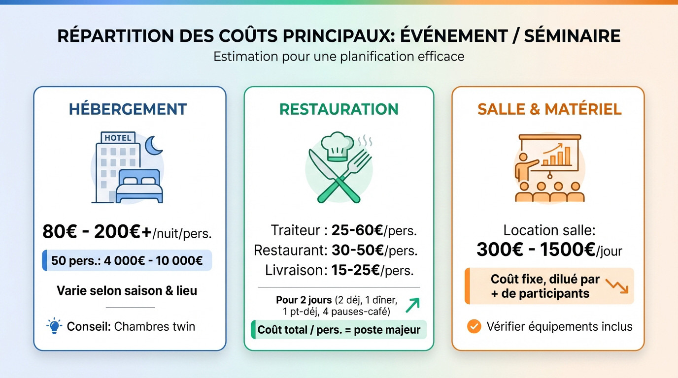 Graphique de répartition des coûts pour un séminaire d'entreprise de 50 personnes