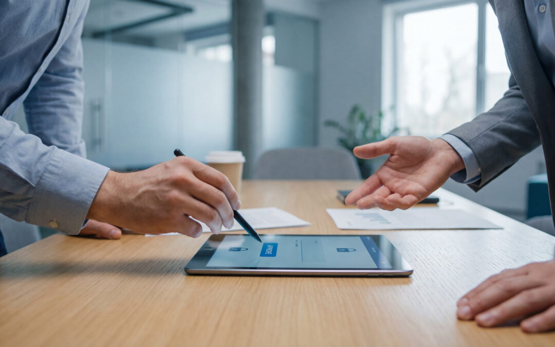Deux personnes en réunion signent un document sur une tablette avec un stylet, l'écran affiche "APPROVE" et des cadenas.