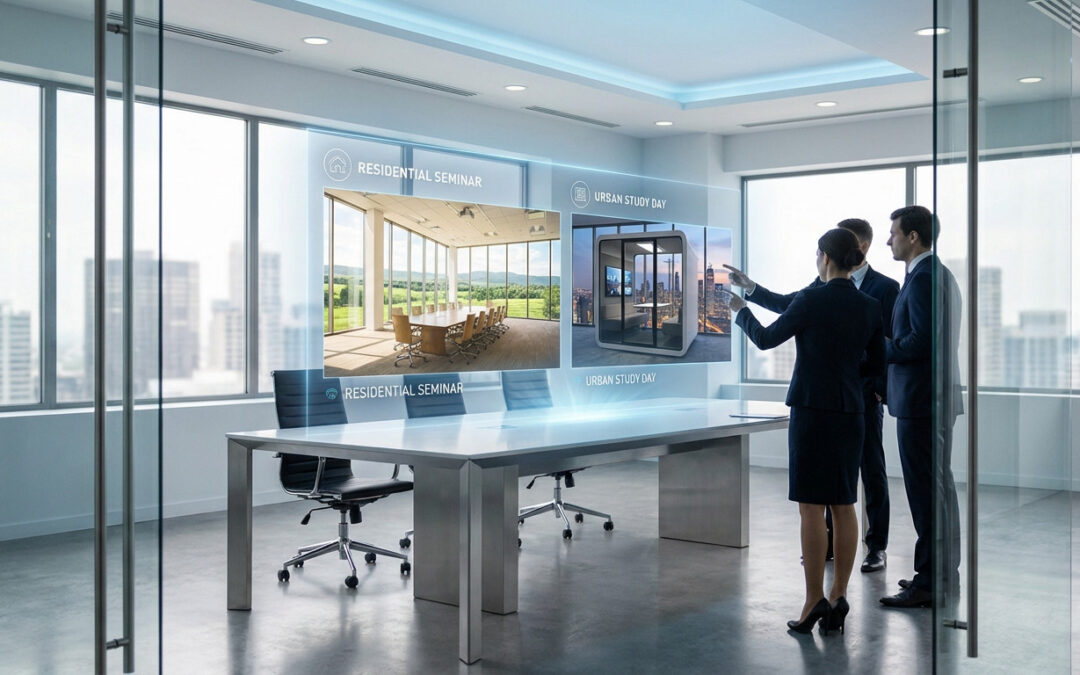 Three professionals analyze event scenarios on a holographic display in a modern conference room, comparing residential and urban options.