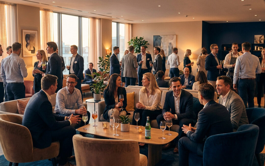 A vibrant corporate afterwork event in a chic lounge. Professionals in smart-casual attire are networking, laughing, and conversing warmly.