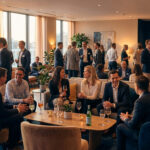 A vibrant corporate afterwork event in a chic lounge. Professionals in smart-casual attire are networking, laughing, and conversing warmly.