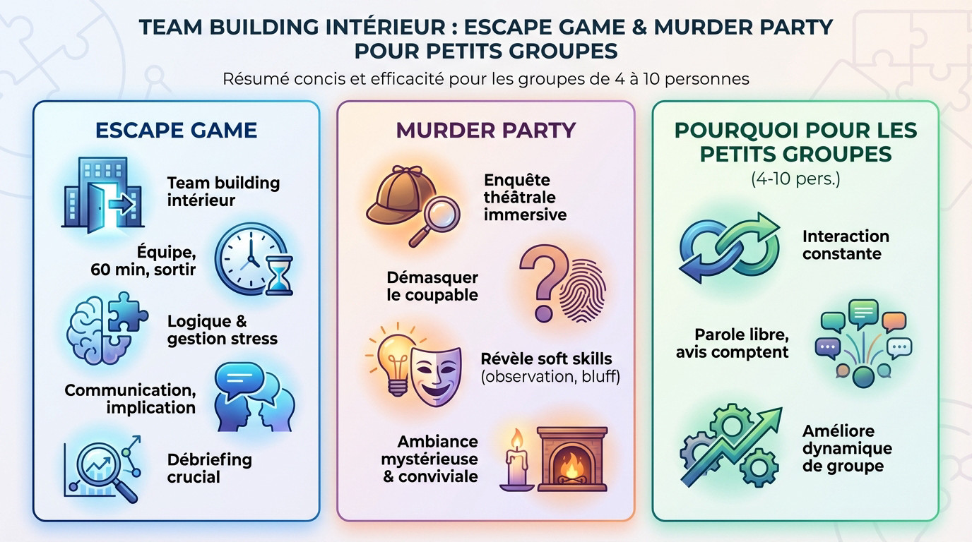 Activité team building intérieur petit groupe escape game et murder party
