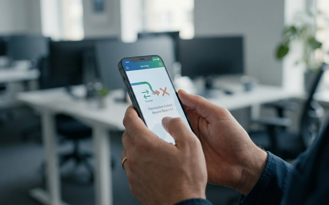 Mains tenant un smartphone. L'écran affiche une application bancaire : "Transaction bloquée - Vérification requise", avec une croix rouge sur un virement.