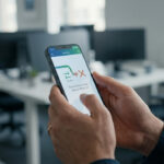 Mains tenant un smartphone. L'écran affiche une application bancaire : "Transaction bloquée - Vérification requise", avec une croix rouge sur un virement.