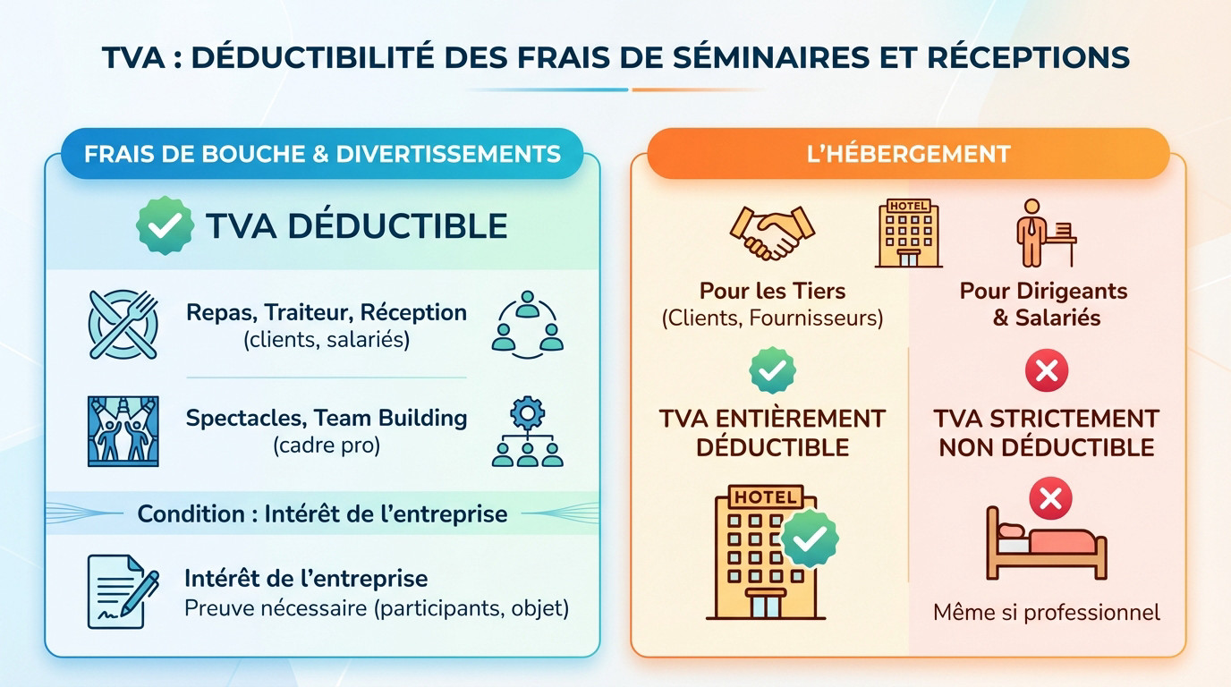 Schéma explicatif sur la déductibilité de la TVA pour les frais de séminaires et réceptions d'entreprise