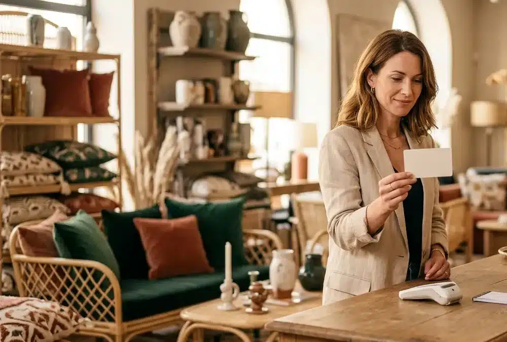 Cliente présentant une carte cadeau dans un magasin de décoration