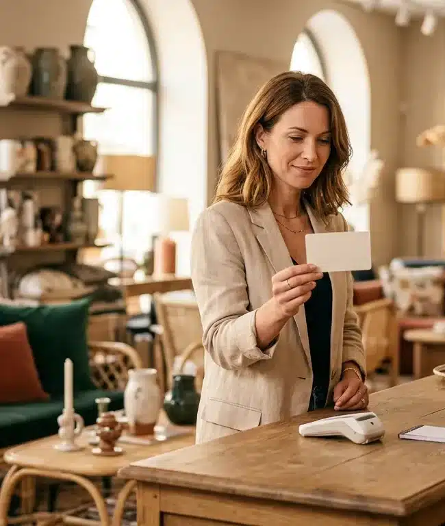 Cliente présentant une carte cadeau à la caisse d'un magasin de décoration